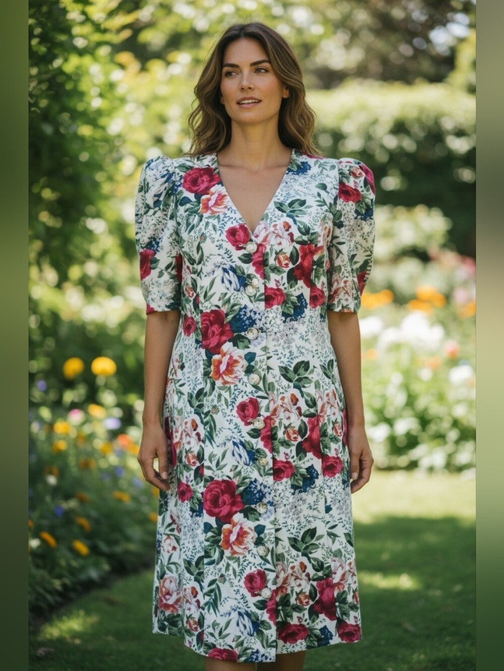 Vintage 80s90s All That Jazz Floral Puff Sleeve Dress Pearly Rose Buttons Sz 7/8